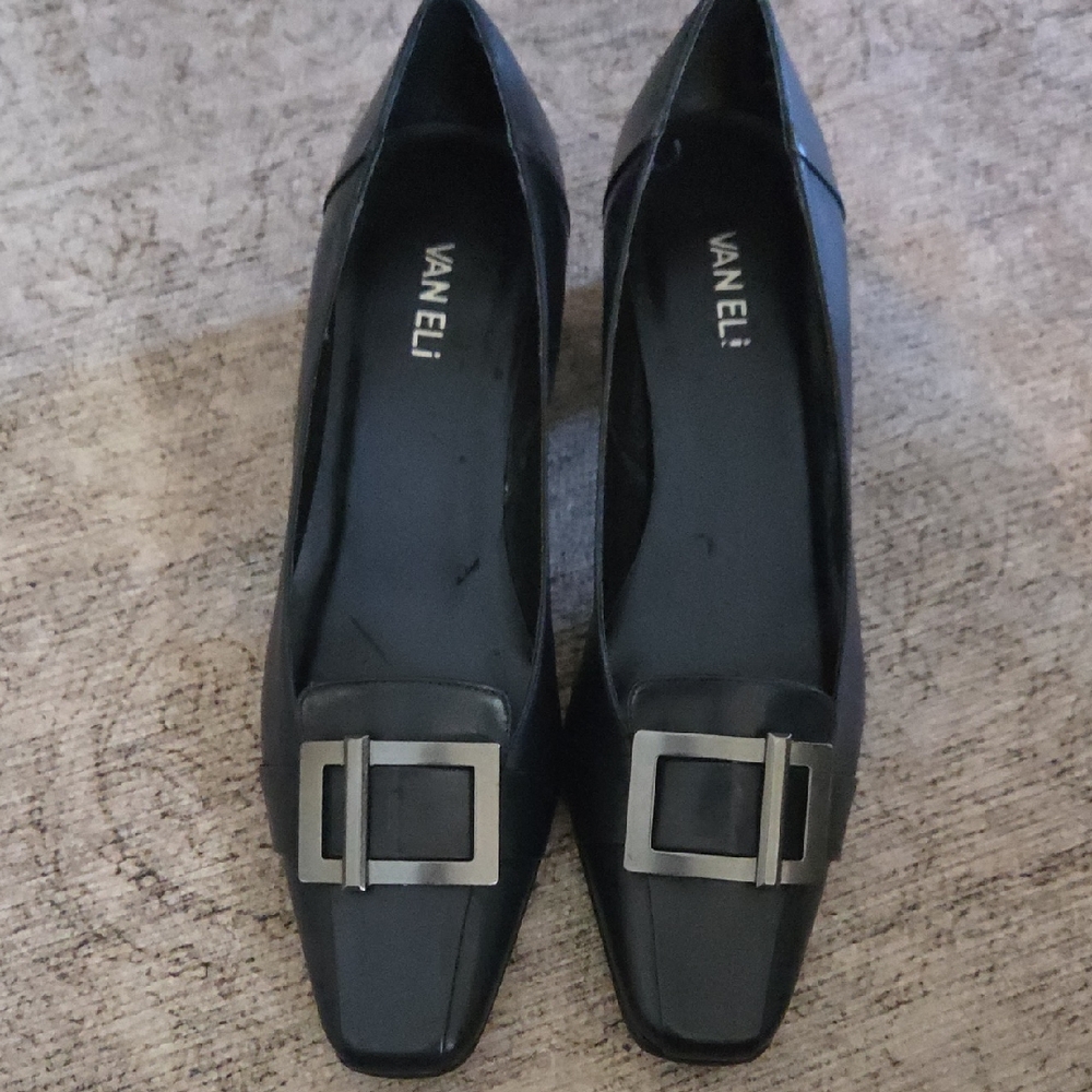 Vaneli Black Heels with Metallic Buckle